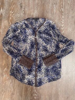 Elizabeth and James Chantal concord blue ivory Brown Leather-trim blouse Small